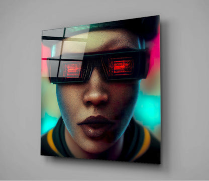 Person wearing oversized black VR glasses with red digital code displays, mounted on vibrant gradient glass panel with cyan, magenta, and yellow bokeh background.