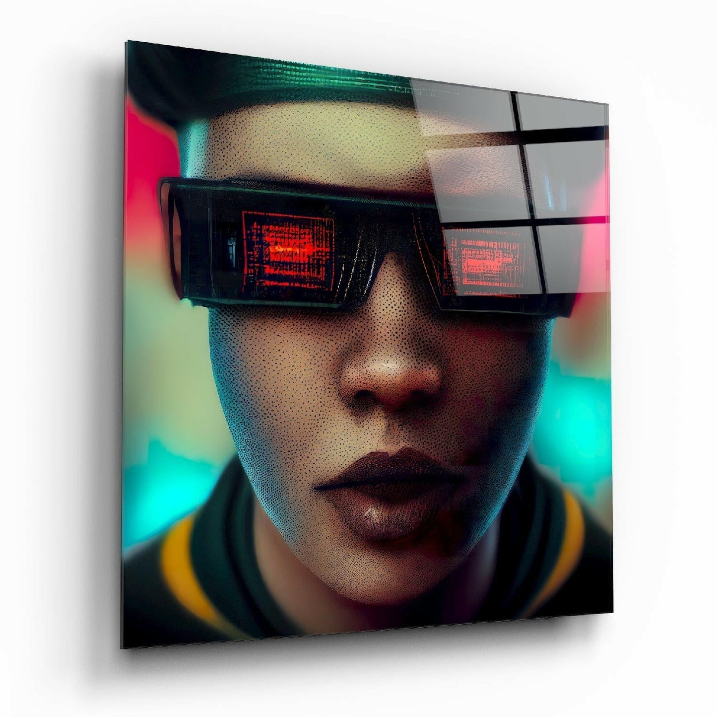 Person wearing futuristic black digital glasses with red display screens, vibrant cyan and pink neon background, glass wall art panel.