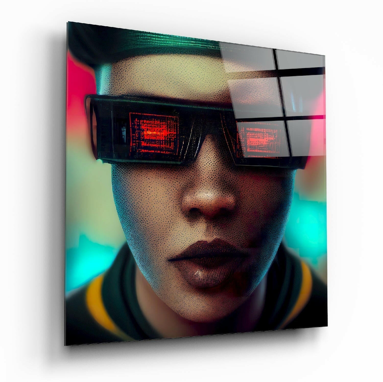 Person wearing futuristic black digital glasses with red display screens, vibrant cyan and pink neon background, glass wall art panel.