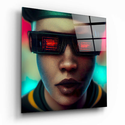 Person wearing futuristic black digital glasses with red display screens, vibrant cyan and pink neon background, glass wall art panel.