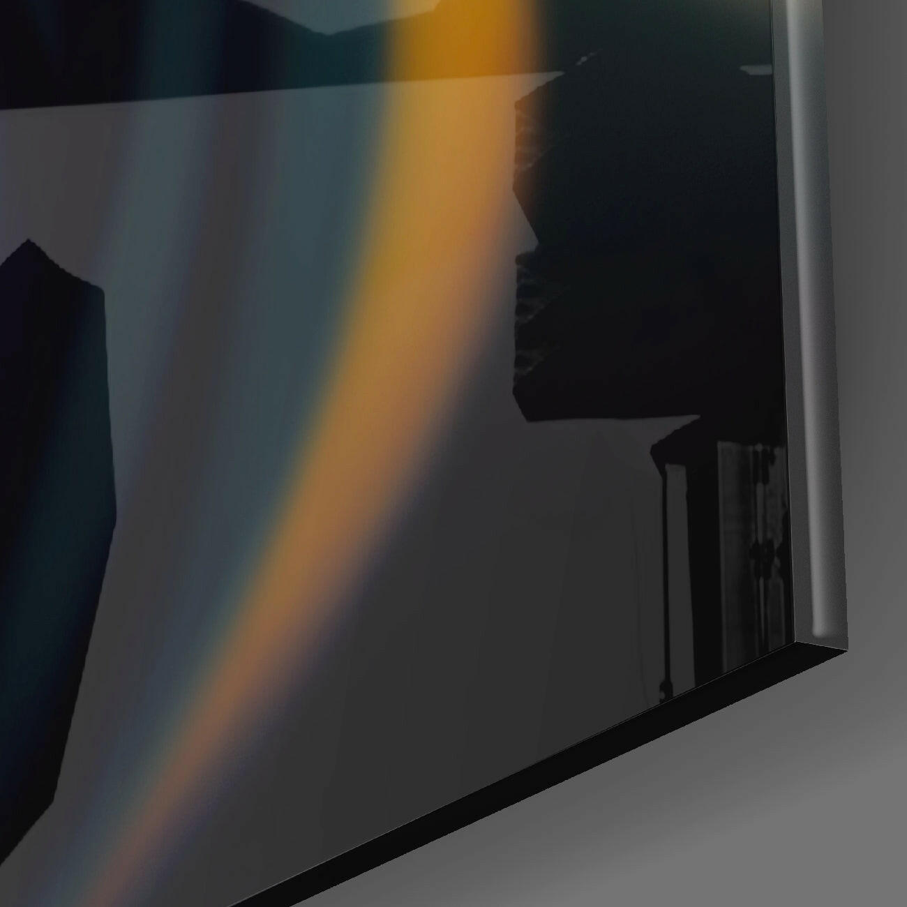 Silhouetted figure visible through frosted glass panel with golden and blue light refractions across surface.
