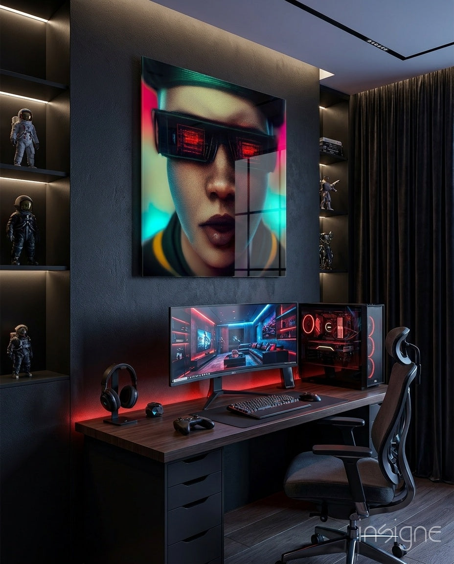 Virtual Life Glass Wall Art mounted above gaming desk displaying cyberpunk portrait with neon pink and cyan lighting effects.