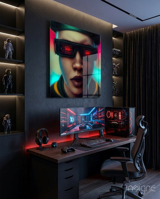 Virtual Life Glass Wall Art mounted above gaming desk displaying cyberpunk portrait with neon pink and cyan lighting effects.