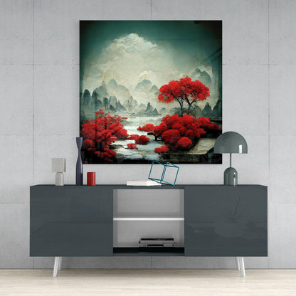 Red Forest Glass Wall Art displayed above a dark gray media console with white legs, showing vibrant red trees against misty mountains and water.