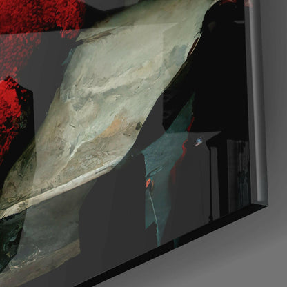 Close-up angled view of glass wall art showing layered teal and cream-colored glass panels with red textured detail at top edge.