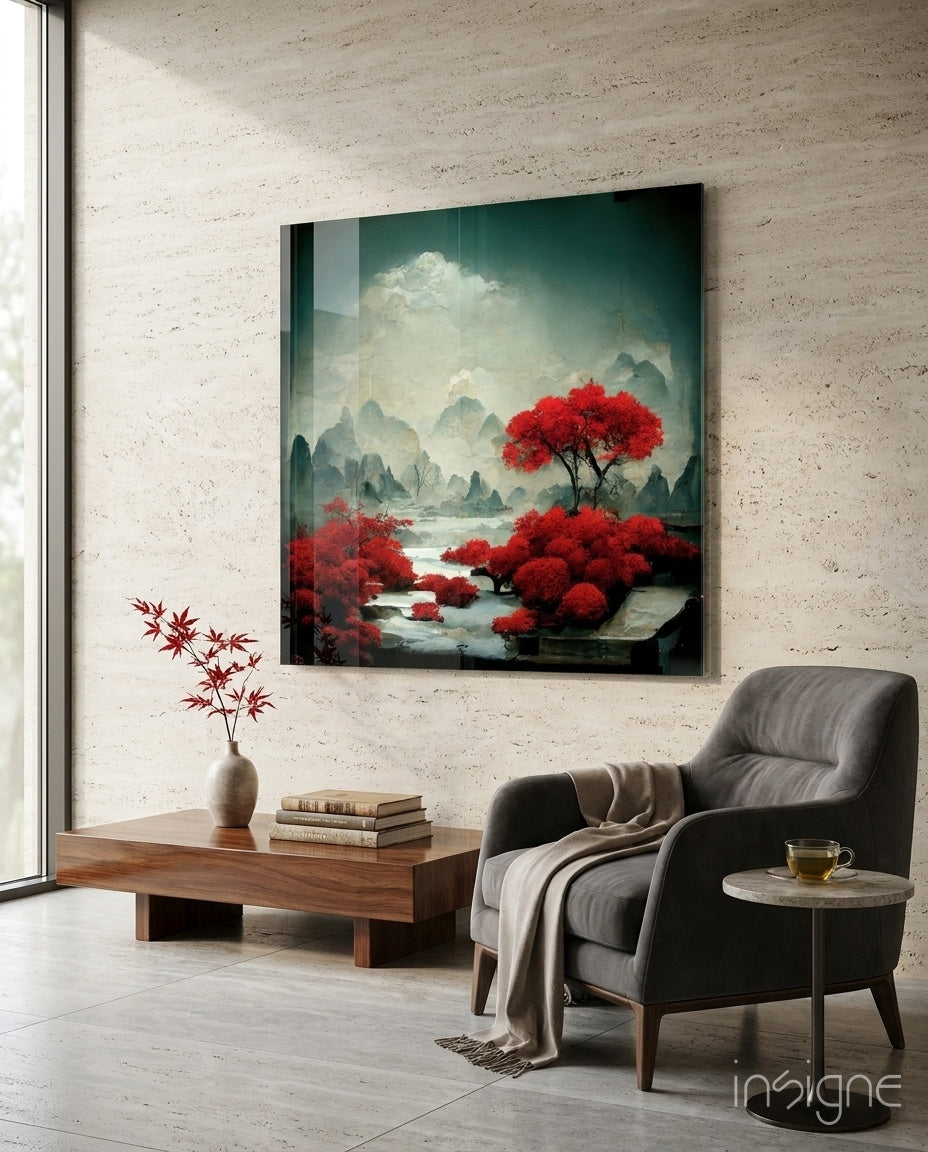 Modern living room interior with Red Forest Glass Wall Art displayed above a wooden bench, featuring vibrant red trees against misty mountains and water.