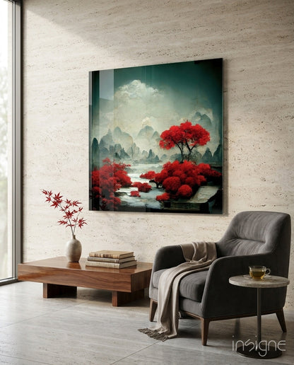 Modern living room interior with Red Forest Glass Wall Art displayed above a wooden bench, featuring vibrant red trees against misty mountains and water.