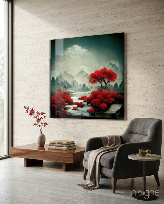 Modern living room interior with Red Forest Glass Wall Art displayed above a wooden bench, featuring vibrant red trees against misty mountains and water.