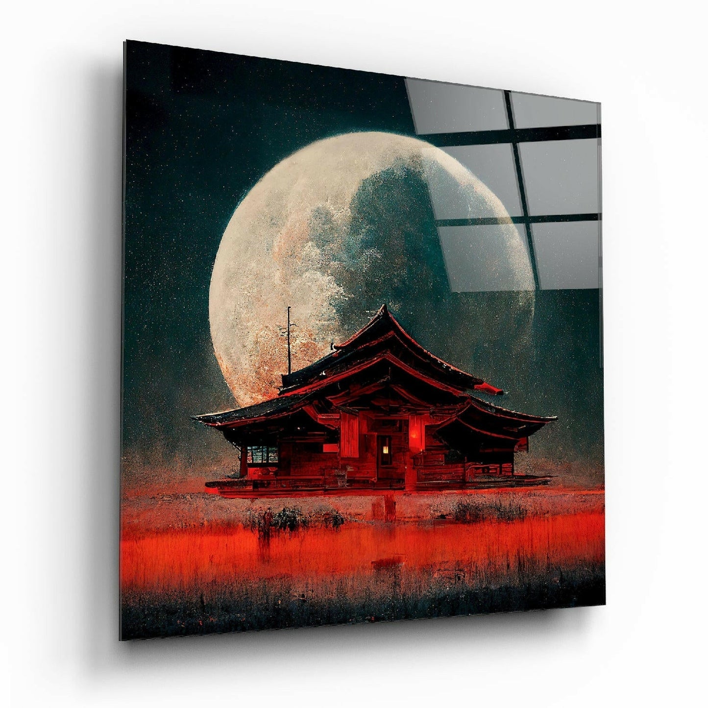 Red and black Asian pagoda silhouetted against enormous full moon in teal starry night sky on glass panel.