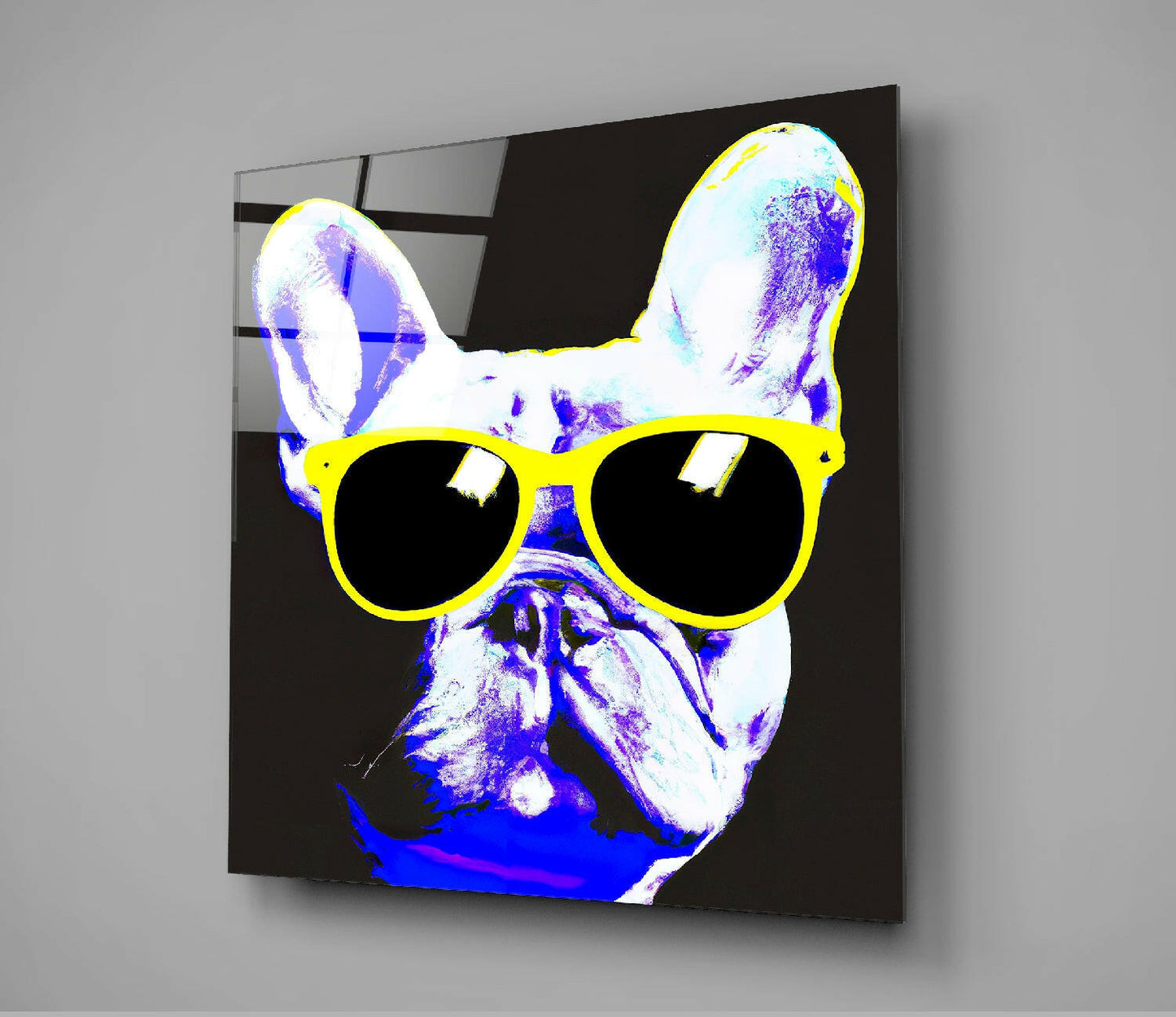 Modern pop art glass wall panel displaying a stylized French Bulldog wearing oversized yellow sunglasses against a black background with vibrant blue and white neon effects.