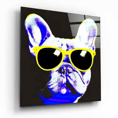 French Bulldog wearing oversized yellow sunglasses on black glass wall art with blue and purple neon coloring.