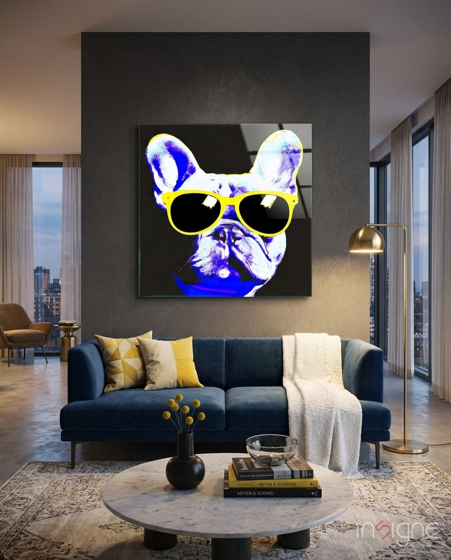 Modern living room interior featuring a large framed cool dog glass wall art with blue and white dog wearing yellow sunglasses mounted above a navy sofa.