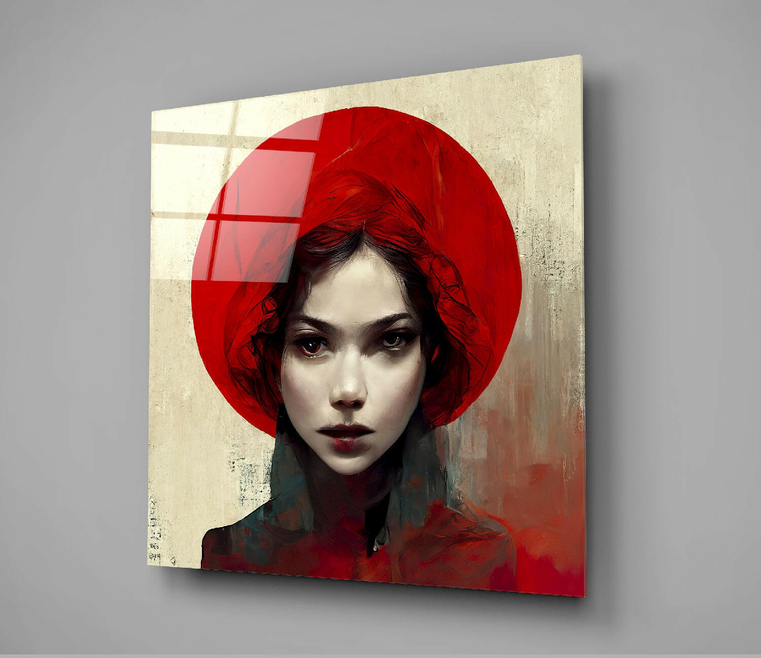 Square glass wall art displaying a portrait of a woman wearing a red hat against a textured beige and red background, angled perspective showing glossy finish.