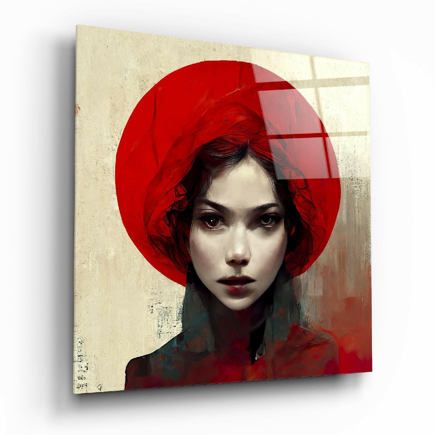 Glass wall art featuring a portrait of a woman in a red hat against a textured beige and red background, displayed at an angle.