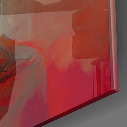 Red translucent glass panel with silhouetted profile and flowing fabric design, photographed at an angle showing depth and layered red tones.