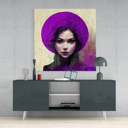 Modern bedroom setting displaying purple-toned portrait artwork on cream wall above gray media console with decorative accessories.