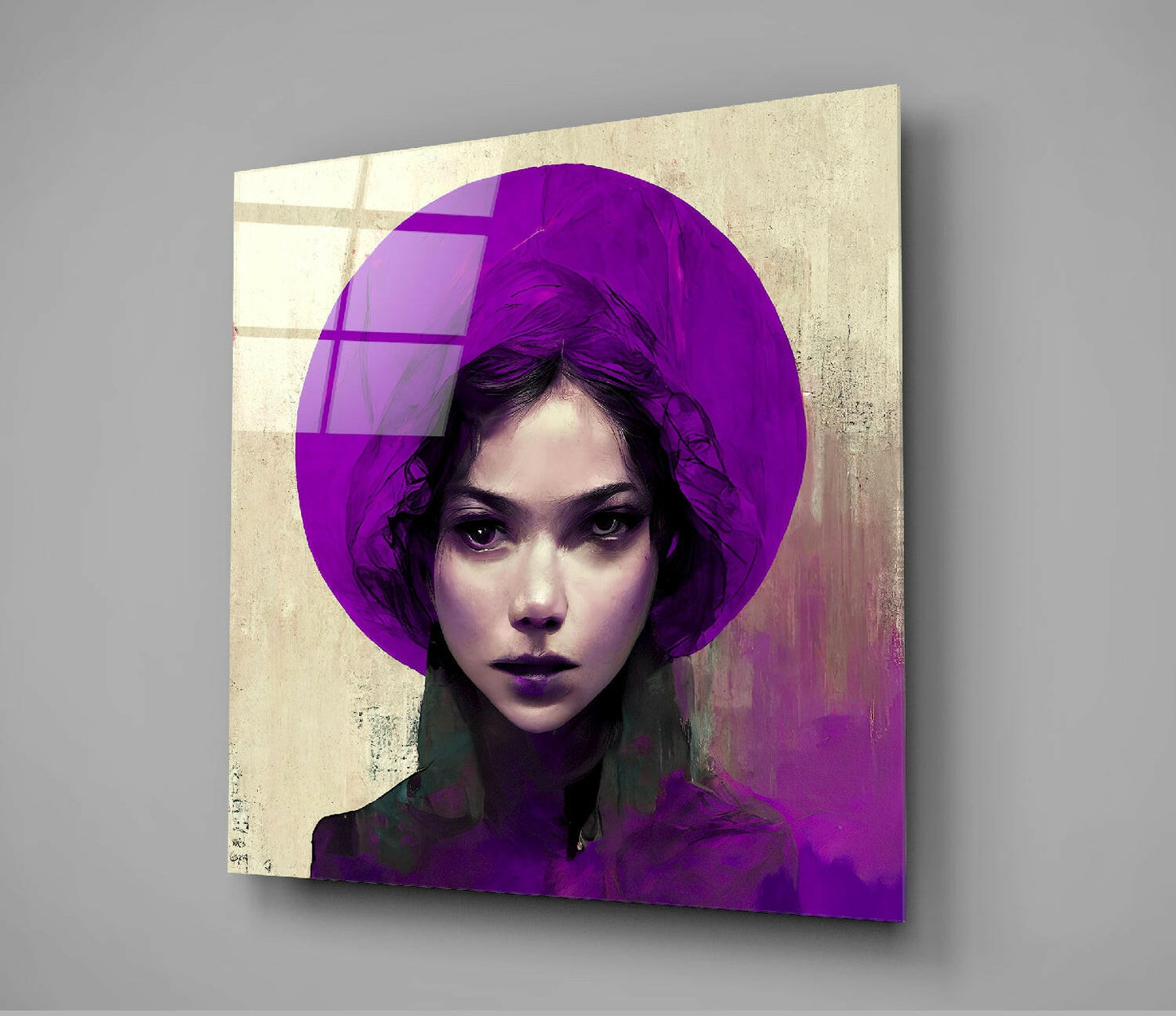 Angled view of glass wall art featuring a portrait of a woman with dark hair wearing a vibrant purple circular hat against a distressed beige background.