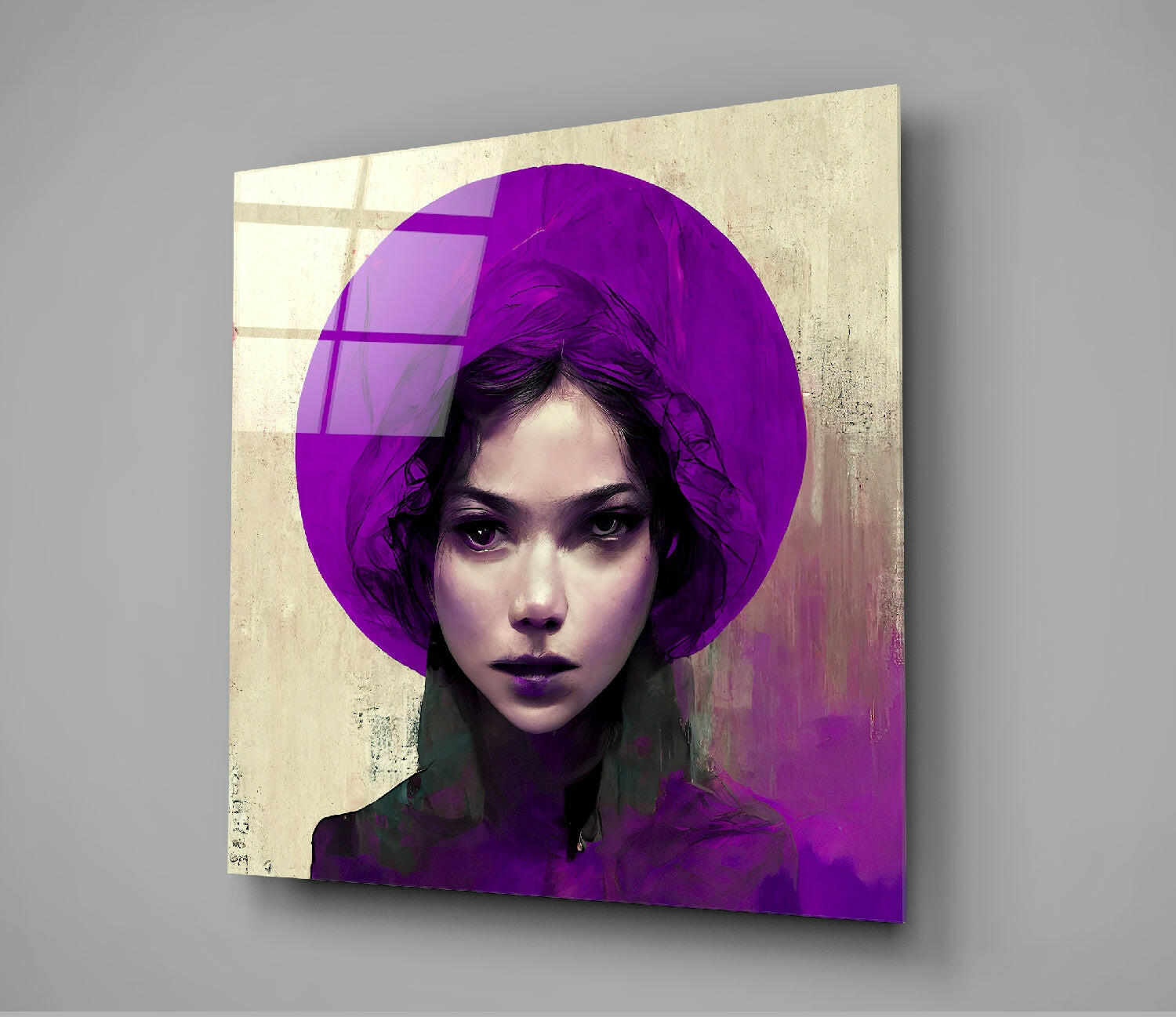 Angled view of glass wall art featuring a portrait of a woman with dark hair wearing a vibrant purple circular hat against a distressed beige background.