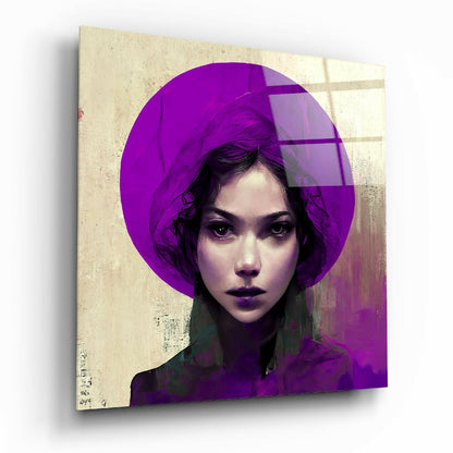 Modern portrait illustration on canvas showing a woman wearing a vibrant purple hat against a textured beige background.