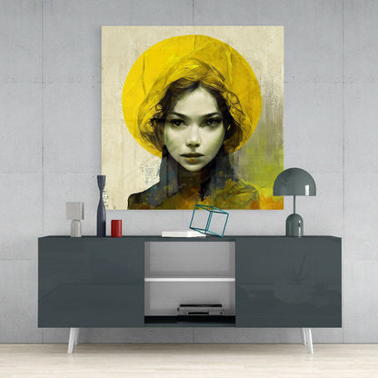 Modern interior styling photograph showing the Yellow Hat glass wall art displayed above a dark sideboard with decorative accessories.