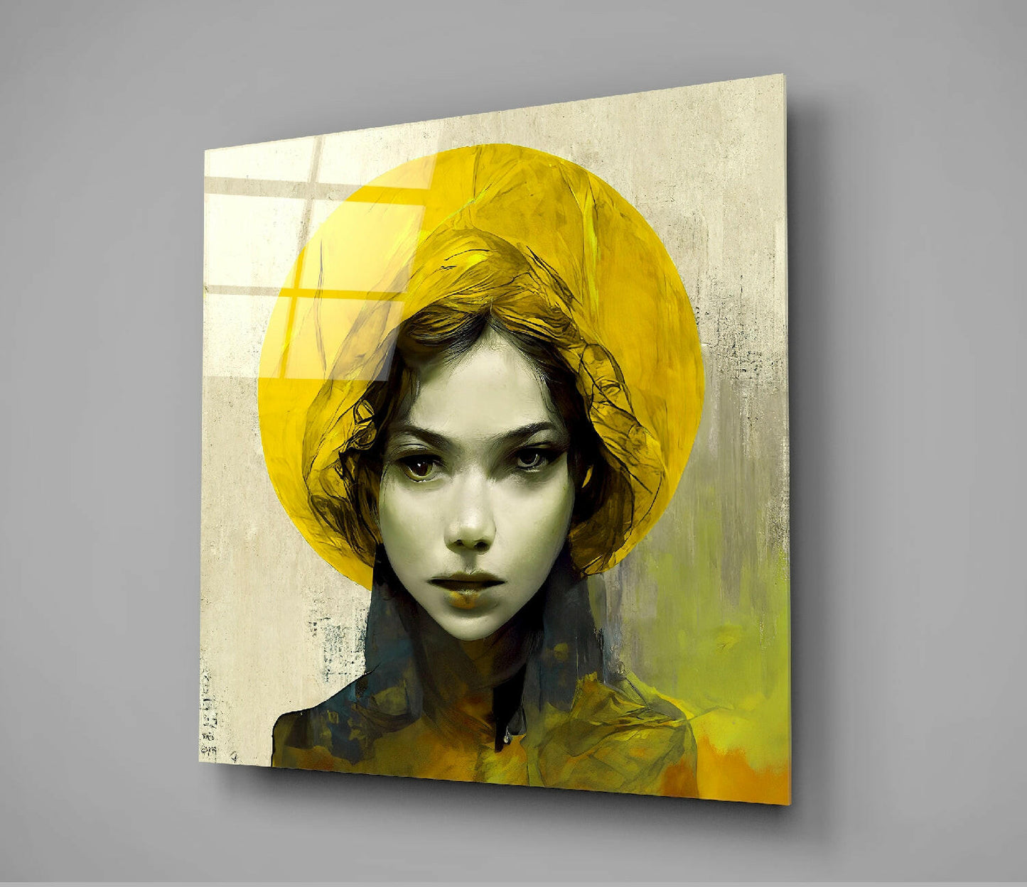 Square glass wall art panel displaying portrait of woman with yellow hat and dark hair against textured beige background with yellow-green tones.
