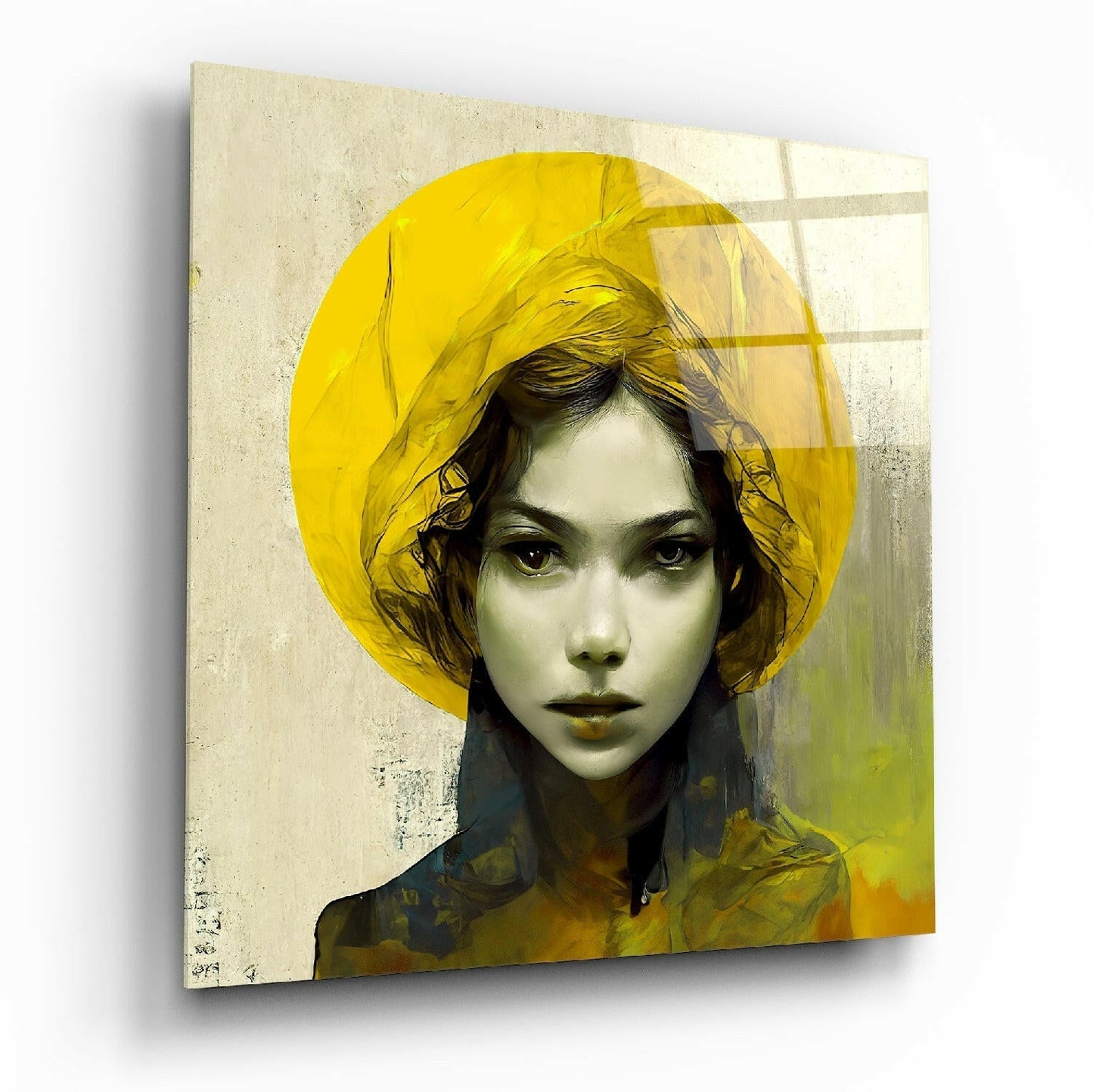Glass wall art featuring a portrait of a woman wearing a bright yellow hat and dark clothing against a cream and yellow textured background.