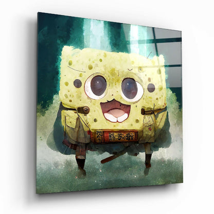 Square glass wall art featuring a cheerful yellow cartoon sponge character with large eyes and a wide smile, displayed at an angle against a teal watercolor background.