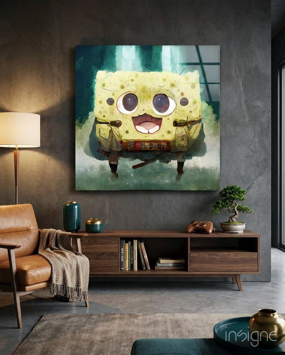 Cheerful yellow sponge character glass wall art displayed above wooden console in modern living room with leather chair and teal accessories.