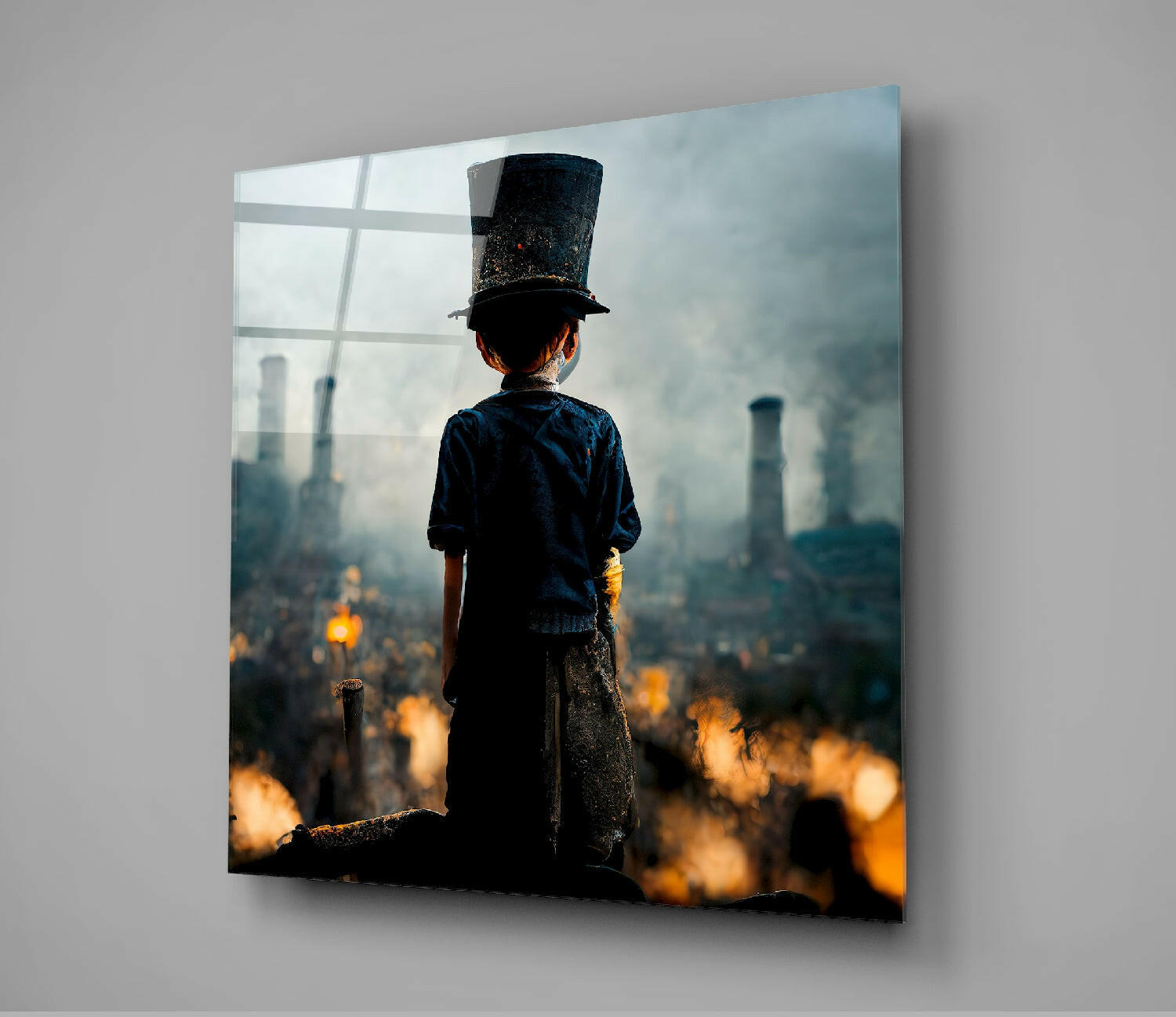 Child in top hat and blue shirt standing on industrial structure overlooking smoky cityscape, printed on glass wall art.