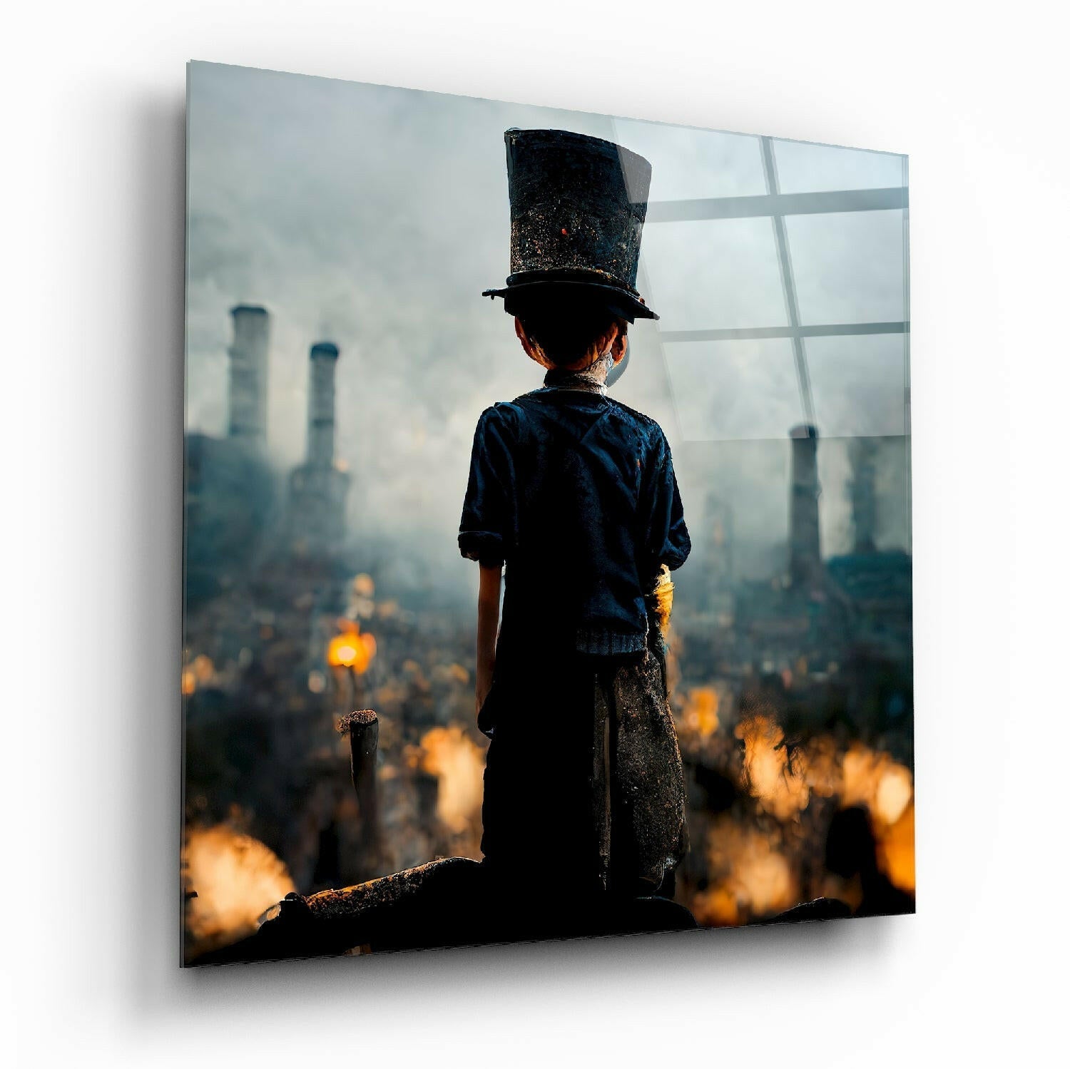 Child wearing a tall black hat standing on a rooftop overlooking an industrial cityscape with smoke and orange fire reflections below.