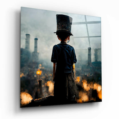 Child wearing a tall black hat standing on a rooftop overlooking an industrial cityscape with smoke and orange fire reflections below.