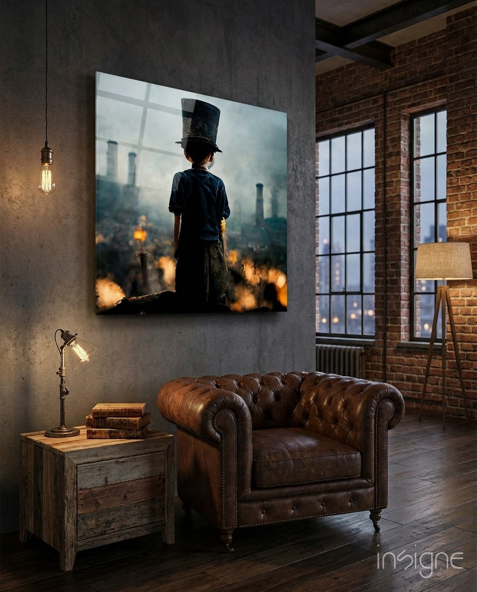 Glass wall art depicting a child in a top hat standing before a smoky cityscape, displayed in an industrial loft setting above a leather chair.