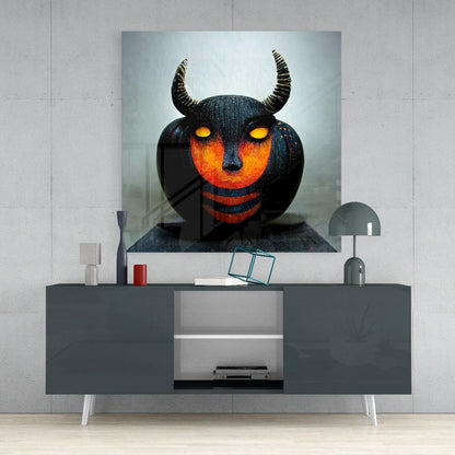 Black glass wall art with glowing orange face, yellow eyes, and curved horns displayed above a dark console table in a modern interior setting.