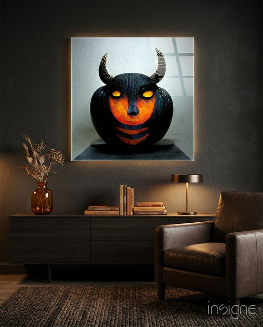 Illuminated glass wall art depicting a black spherical pumpkin with glowing orange eyes and horns, displayed above a dark console in a modern interior setting.