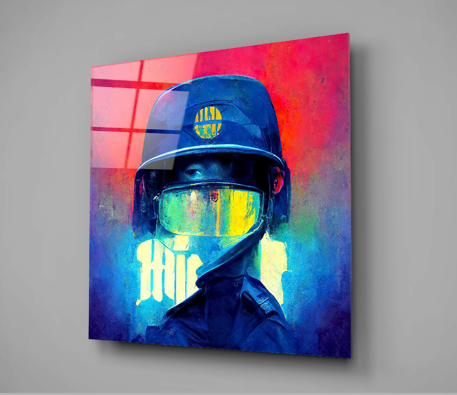 Colorful glass wall art featuring a figure in protective gear with blue helmet and reflective visor against red and blue gradient background.