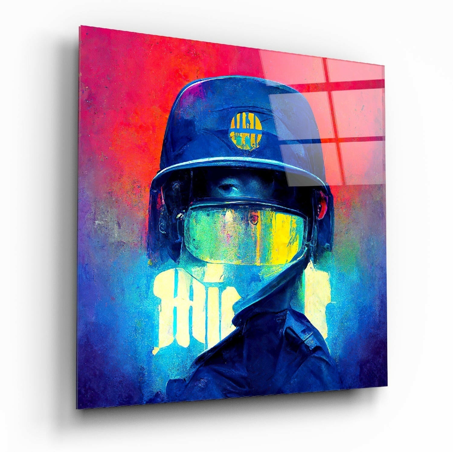 Angled view of glass wall art featuring a figure in protective gear with glowing neon yellow and blue accents against vibrant red and blue gradient background.