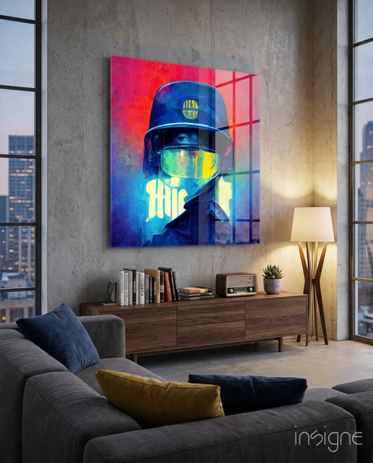 Modern living room interior with neon-style glass wall art featuring a figure in blue helmet with glowing yellow-green visor against red and blue gradient background.
