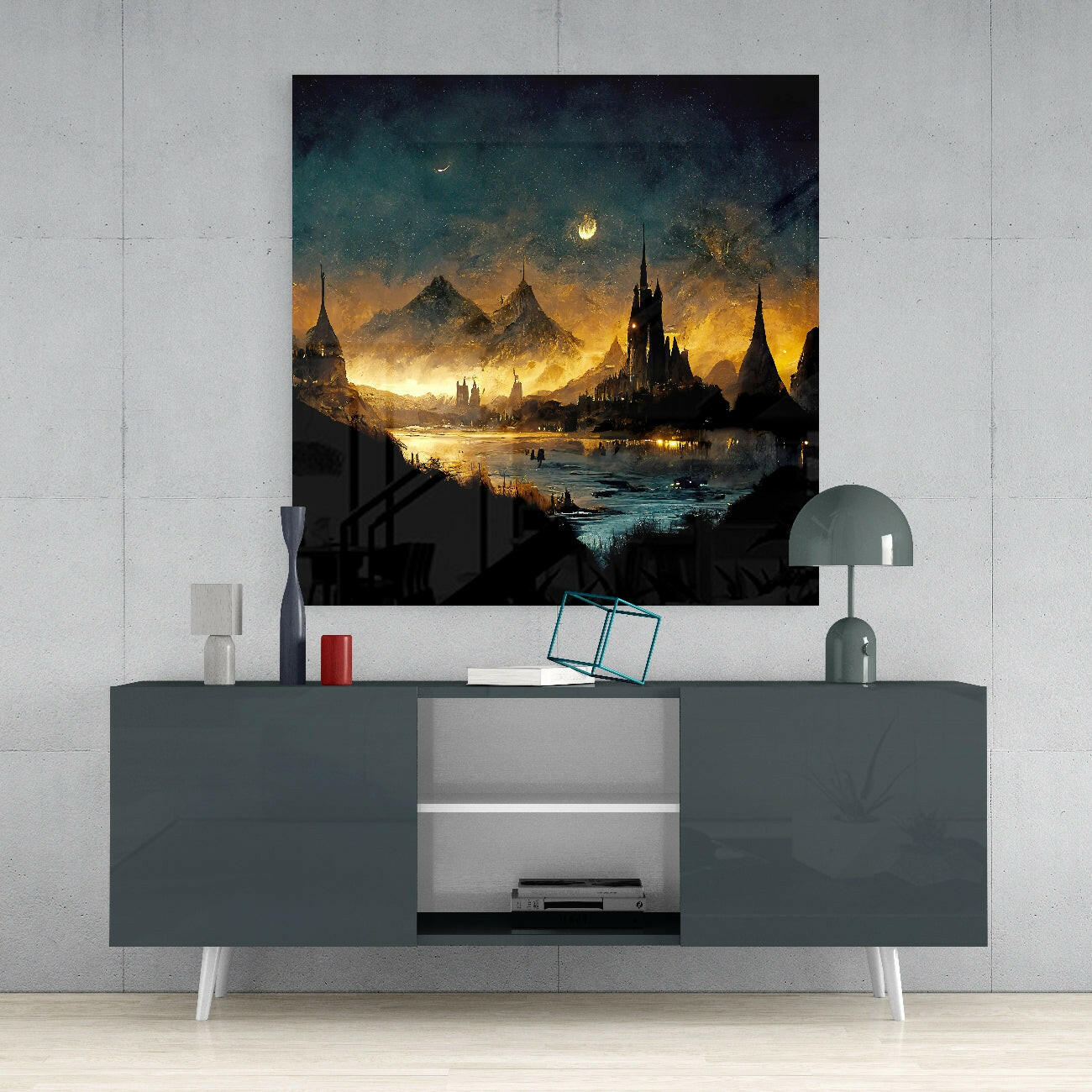 Fantasy castle cityscape with glowing golden light and crescent moon displayed above modern gray media console with white legs.