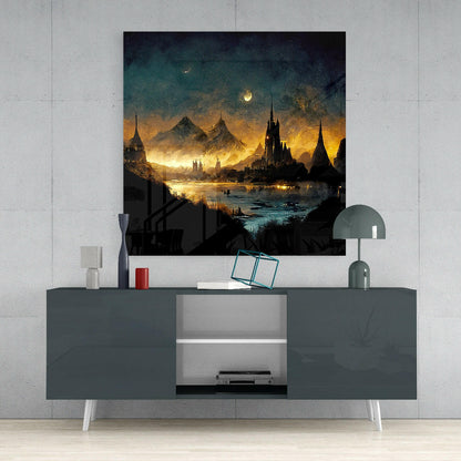 Fantasy castle cityscape with glowing golden light and crescent moon displayed above modern gray media console with white legs.