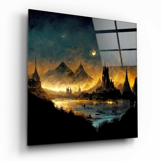 Angled view of glass wall art depicting a fantasy city with glowing golden mountains and castles reflected in blue water under a starry night sky, framed by black grid pattern on glass surface.