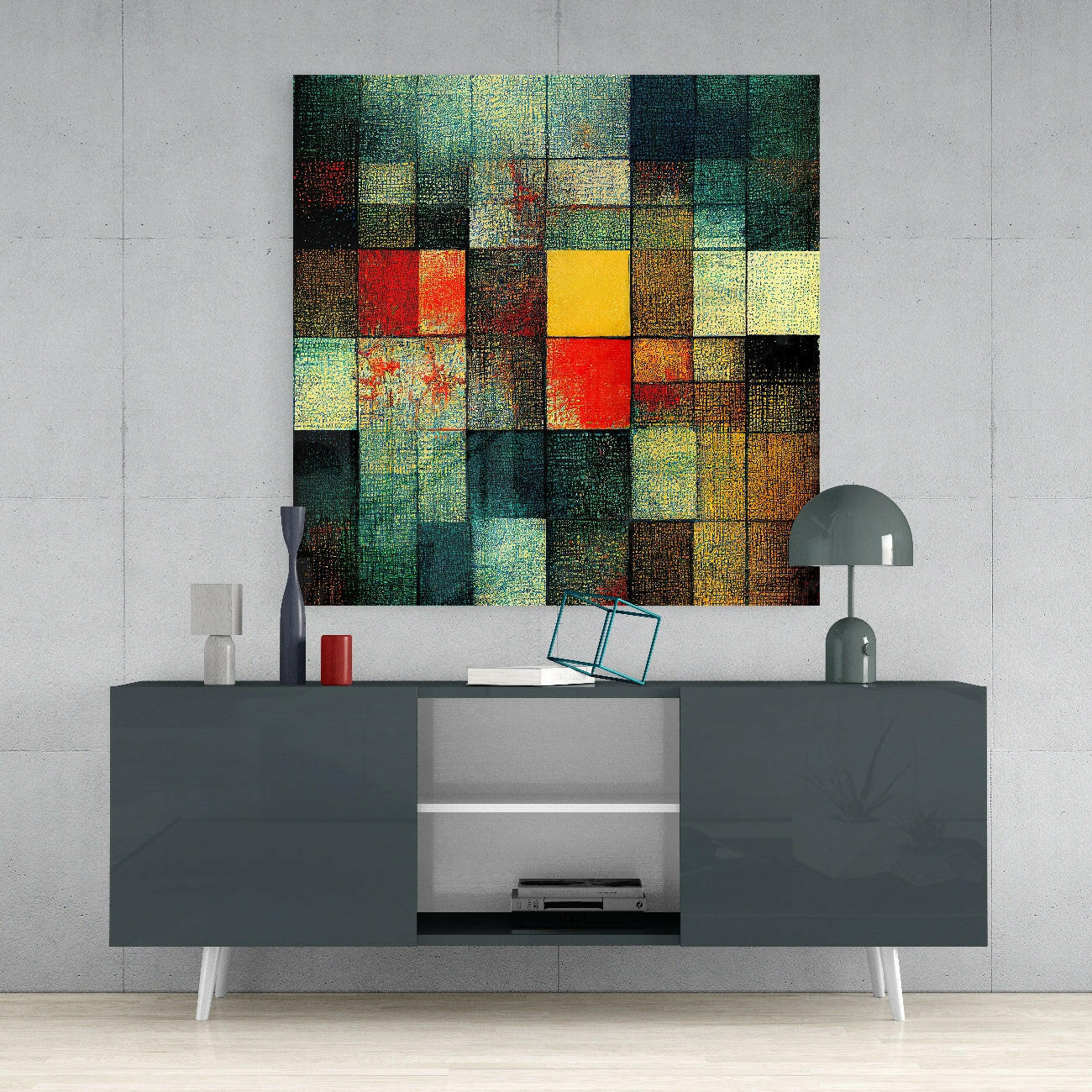 Colorful pixelated glass wall art with green, yellow, red, and brown tiles displayed above a dark gray media console in a modern interior setting.