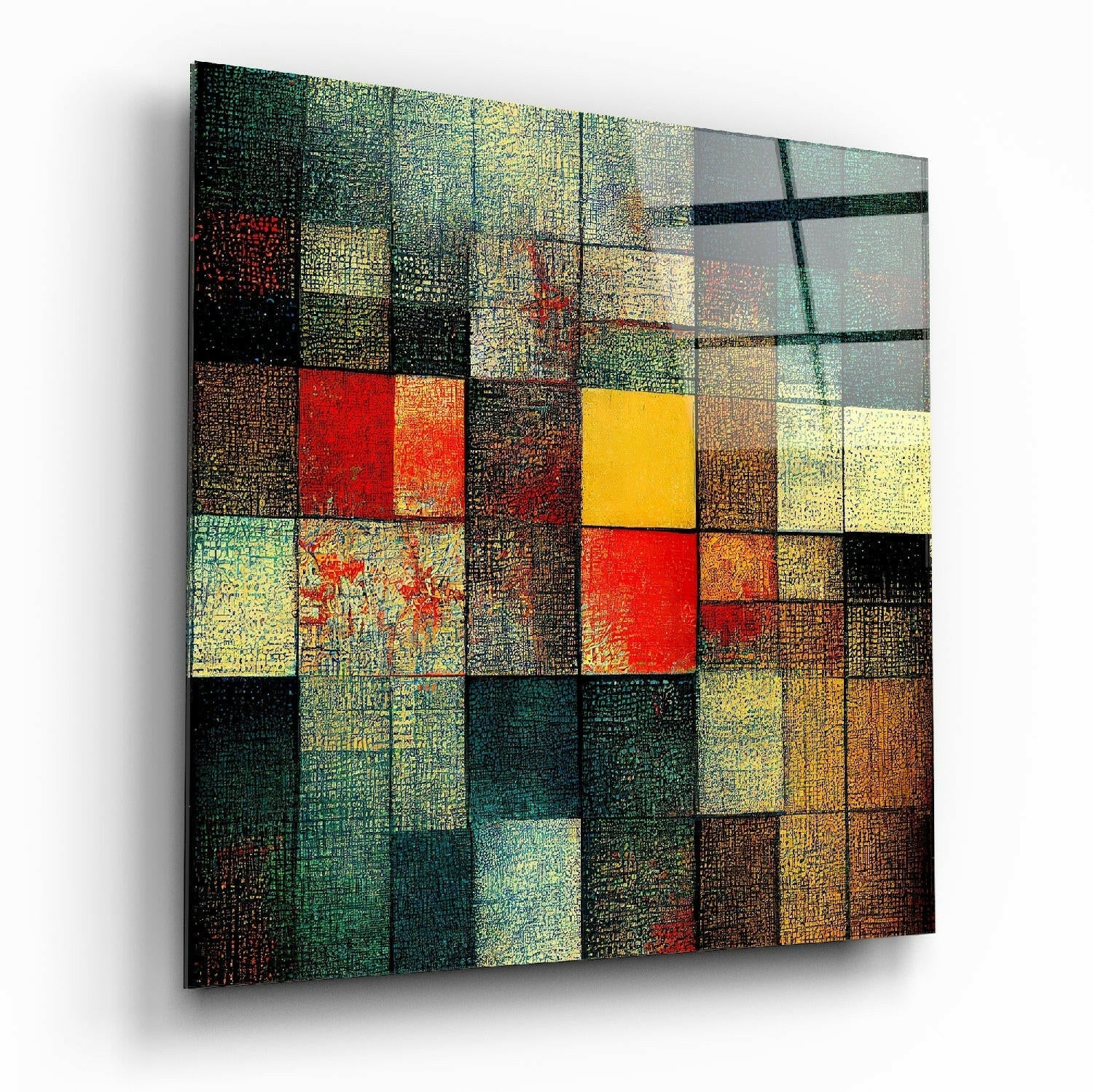 Abstract glass wall art with colorful mosaic squares in red, yellow, green, and brown tones arranged in grid pattern with textured surface detail.