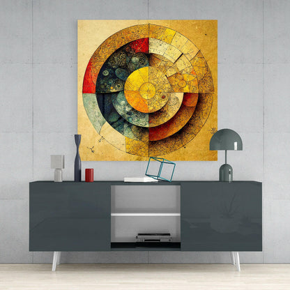 Concentric circles glass wall art with golden, red, and dark blue tones displayed above a dark console table with decorative accessories.