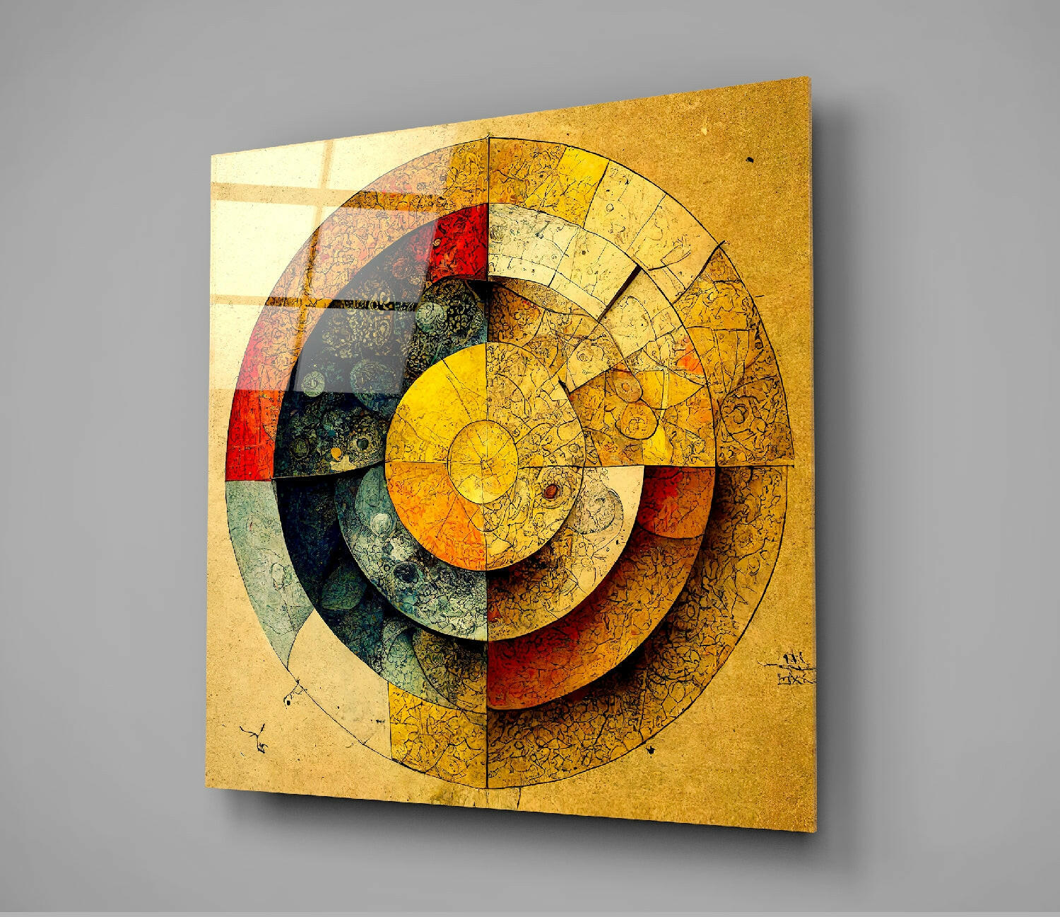 Abstract concentric circles glass wall art with layered yellow, red, black, and green segments on aged gold background with geometric patterns.
