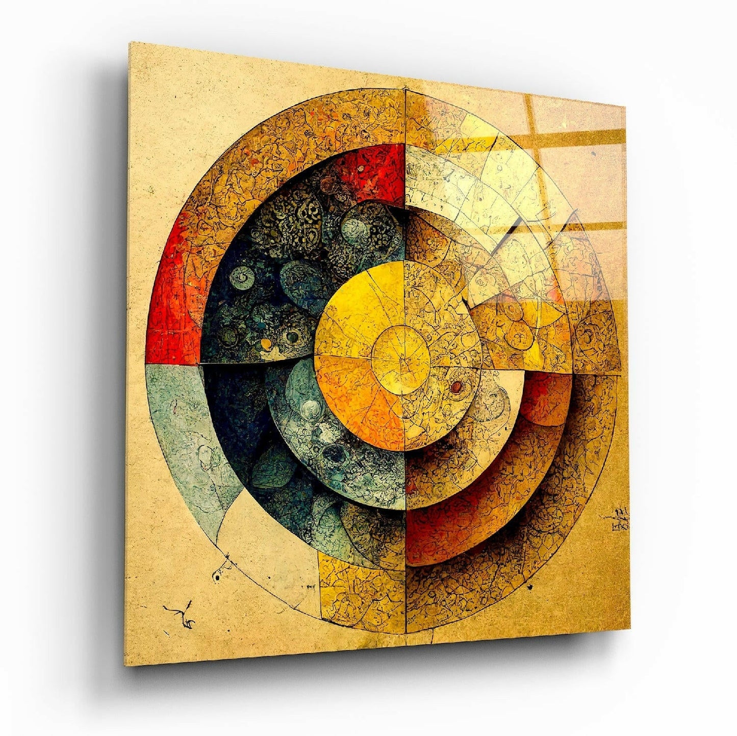 Abstract geometric circular glass wall art with nested spirals in red, yellow, green, and black on aged parchment background, angled three-quarter view.