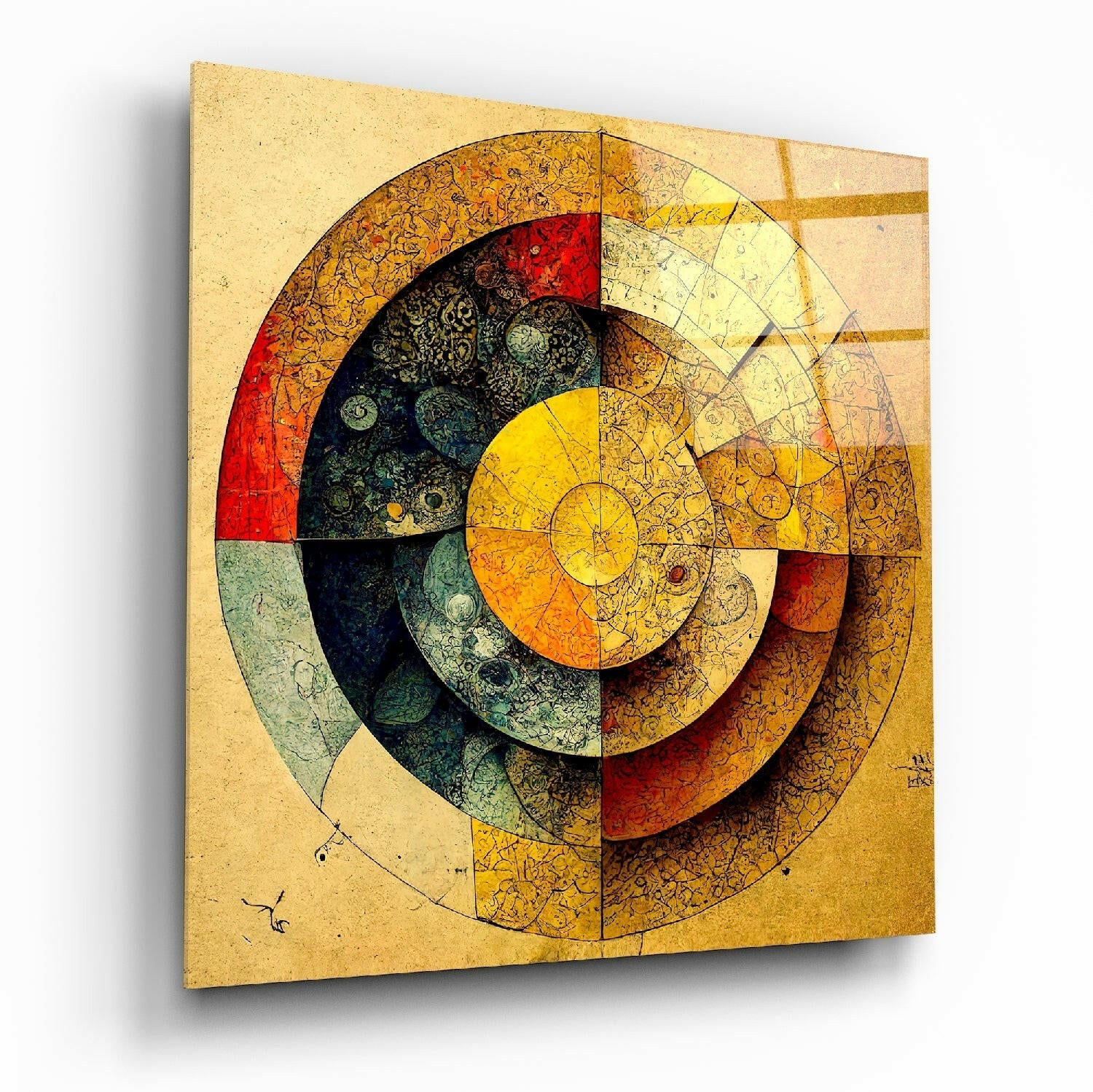 Abstract geometric circular glass wall art with nested spirals in red, yellow, green, and black on aged parchment background, angled three-quarter view.
