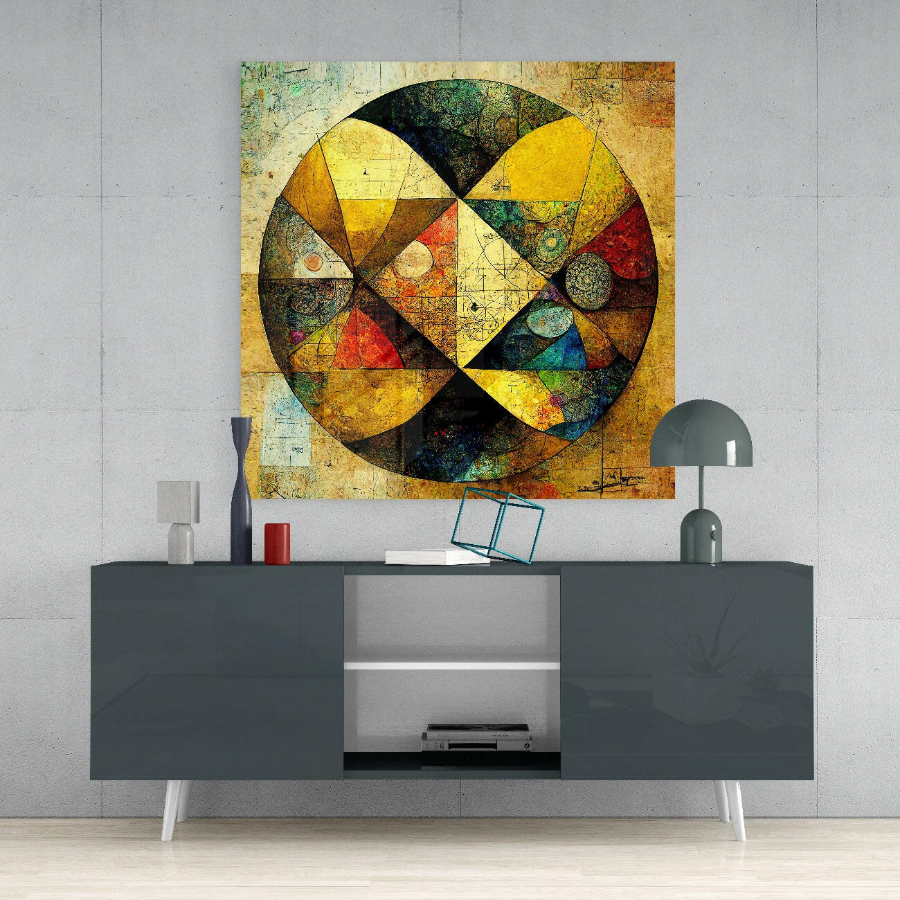 Colorful geometric sphere glass wall art displayed above a dark modern console table with decorative accessories and integrated media storage.