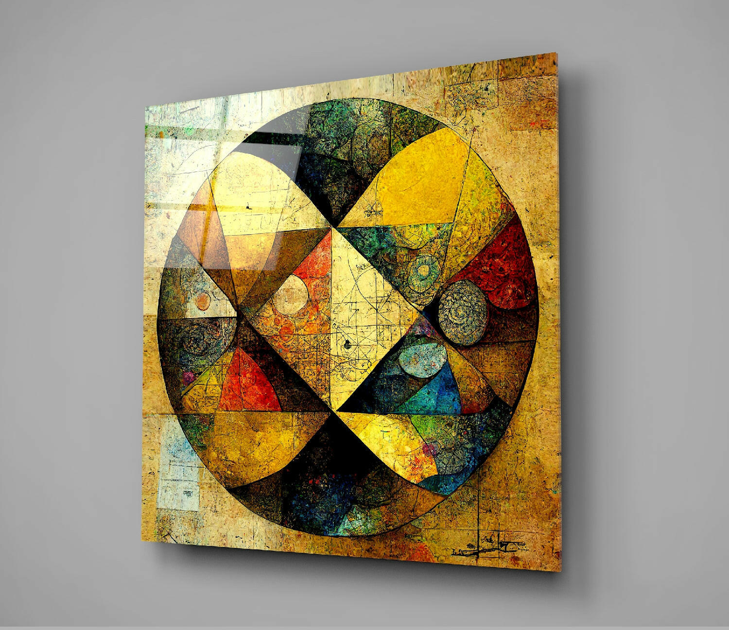 Square glass wall art featuring a geometric sphere design with triangular segments in gold, yellow, red, green, and black tones on textured background.