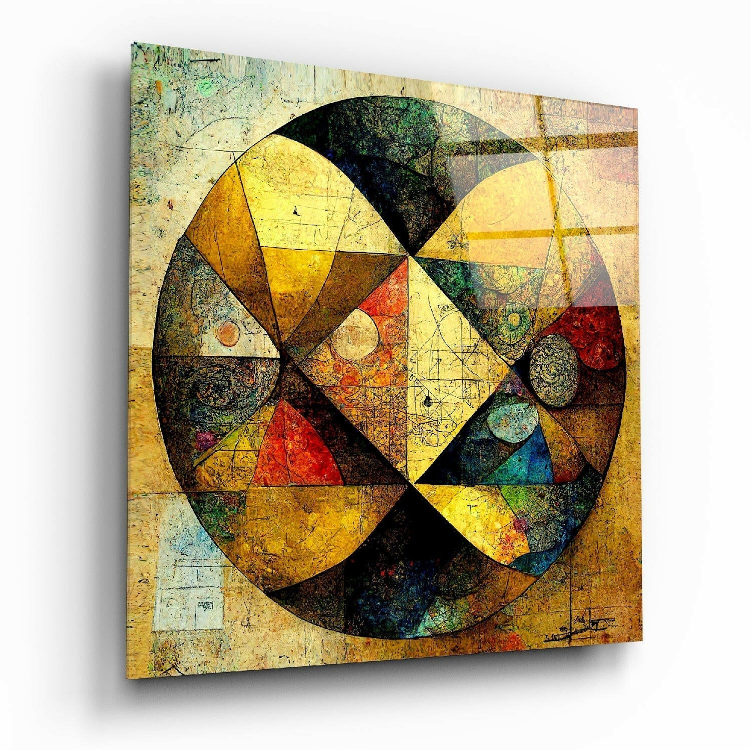 Abstract geometric sphere with triangular sections in yellow, black, red, and green tones on textured beige background, displayed at angled perspective.