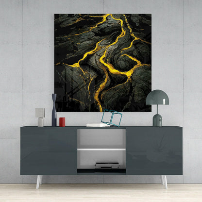 Lava Glass Wall Art mounted above a gray media console, displaying glowing yellow lava flows through black volcanic rock texture.